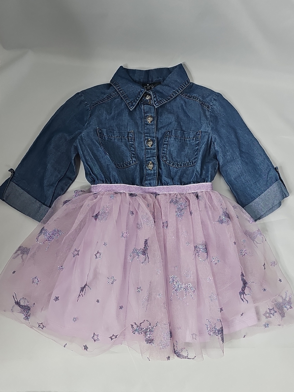 pink & violet Denim-Look Unicorn Girls' Dress Blue/Purple